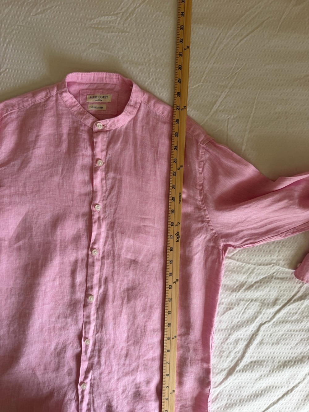 Blue coast 100% linen Men's Pink mandarin Collar shirt - Picture 8 of 8